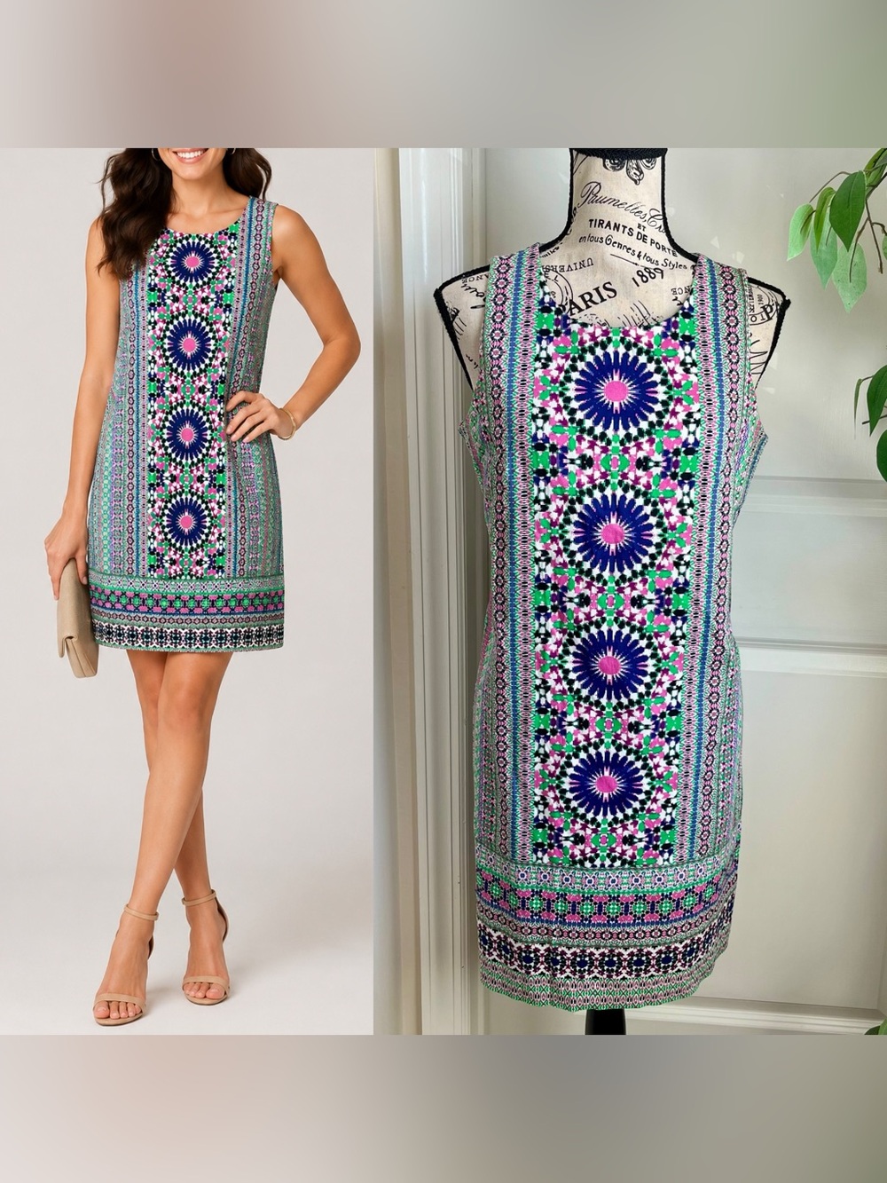 London Times Geometric Mosaic Print Sleeveless Shift Dress Green Sz 8